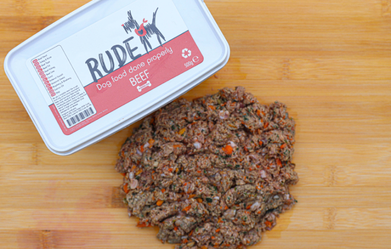 Tub of raw complete beef dog food